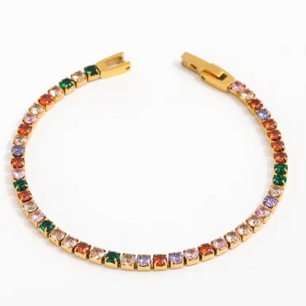 Colorful CZ Tennis Bracelet Waterproof Gold Stacking Bracelet Box Clasp